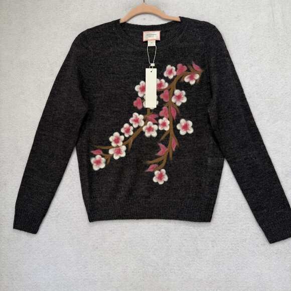 Saccharine New York Sweaters - Saccharine New York Sweater Womens Small Charcoal Embroidered Cherry Blossom